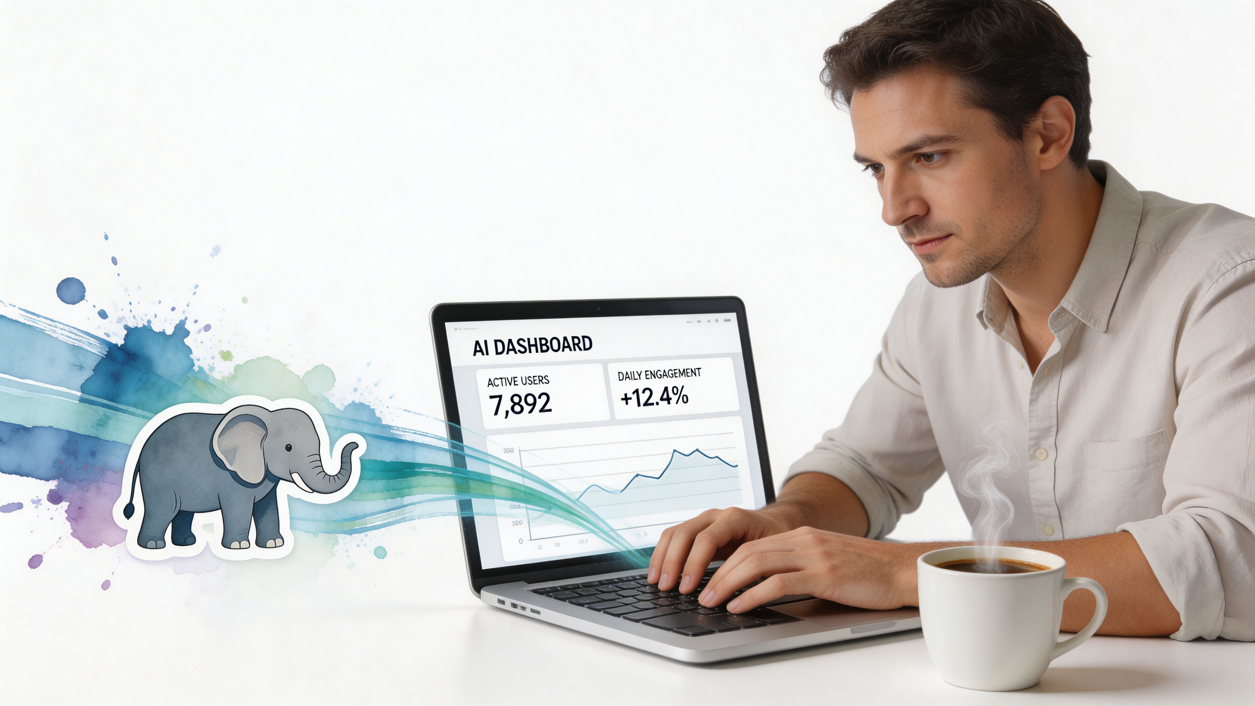 A man working on a laptop displaying an AI dashboard with an illustrated elephant digital graphic.