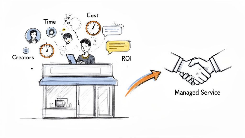 Illustration of a business managing creators, time, cost, and ROI, leading to a managed service partnership.