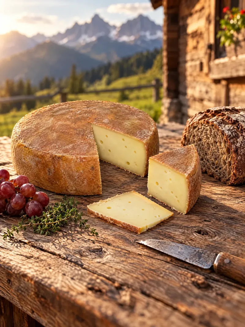 Mit KI erstelltes Werbebild: derselbe Alpkäse auf einem Holztisch vor einer Alphütte, mit Brot und Trauben in der Abendsonne