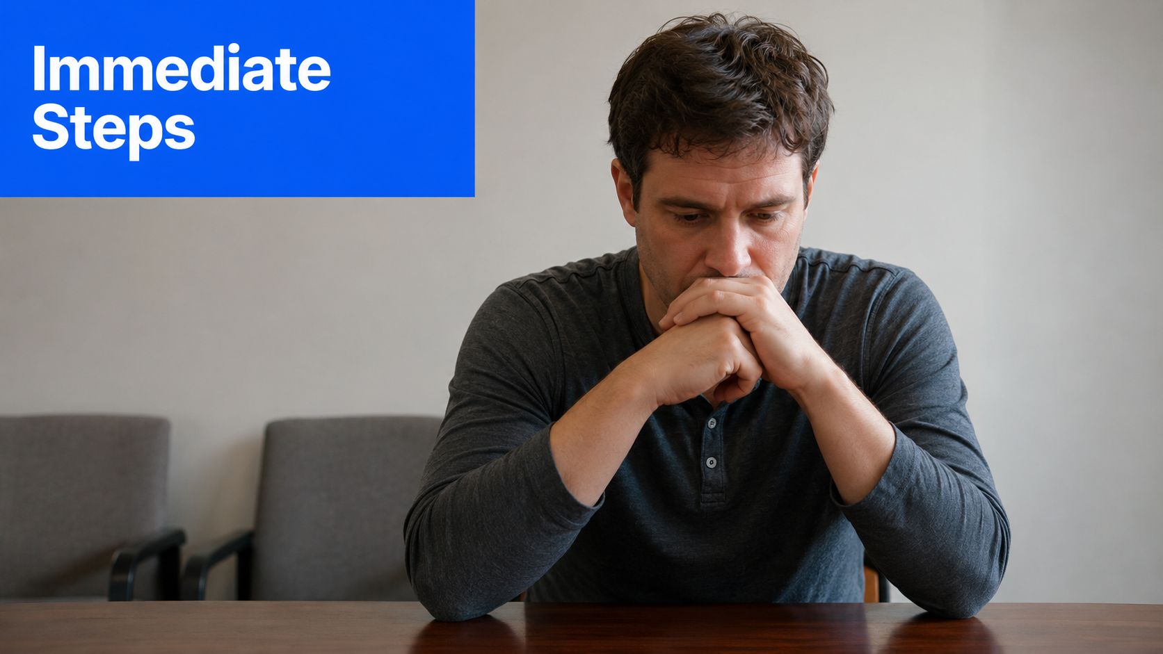 A concerned man sitting at a wooden table with hands clasped, appearing distressed or thoughtful.