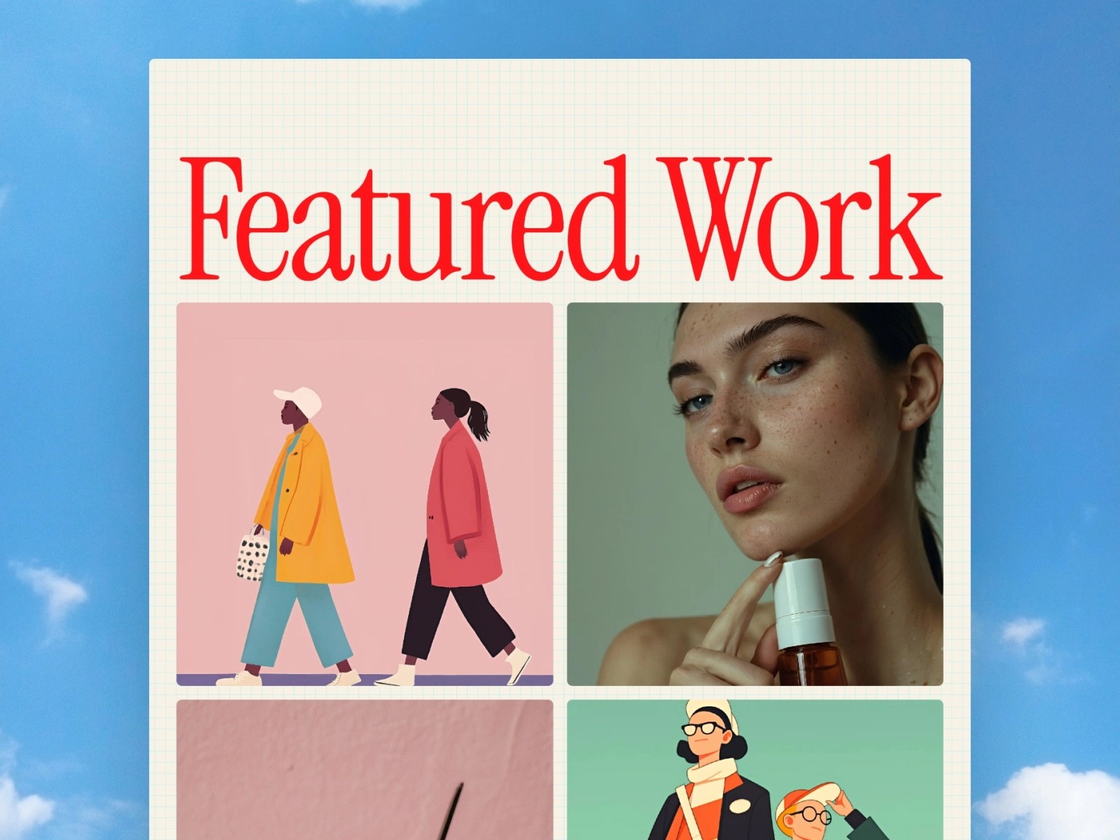 "Collage with fashion and beauty illustrations under 'Featured Work' title."