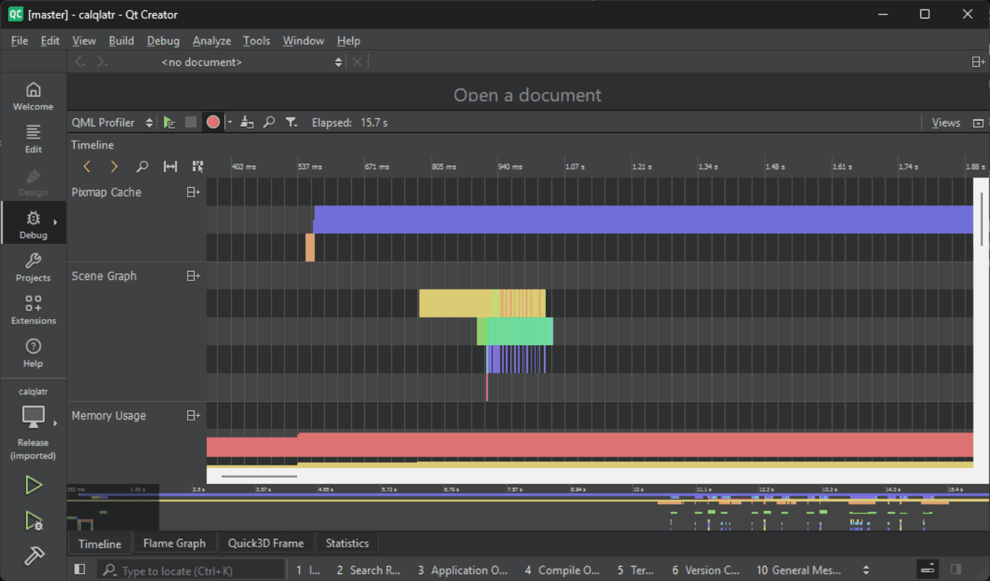 Qt Creator's QML Profiler Timeline view showing Pixmap Cache, Scene Graph, and Memory Usage activity for the calqlatr app, with Flame Graph and Statistics tabs below