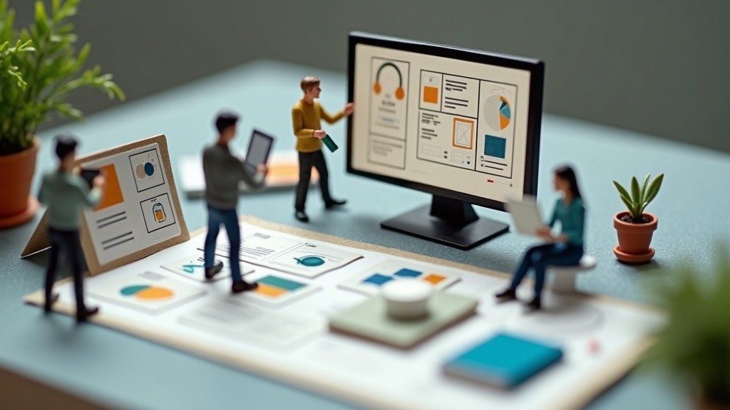 Tiny designers and a founder build a modern website in Framer on a miniature canvas.