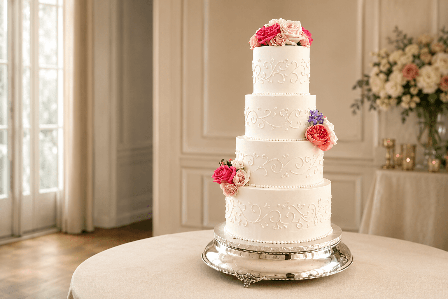 White wedding cake with flowers