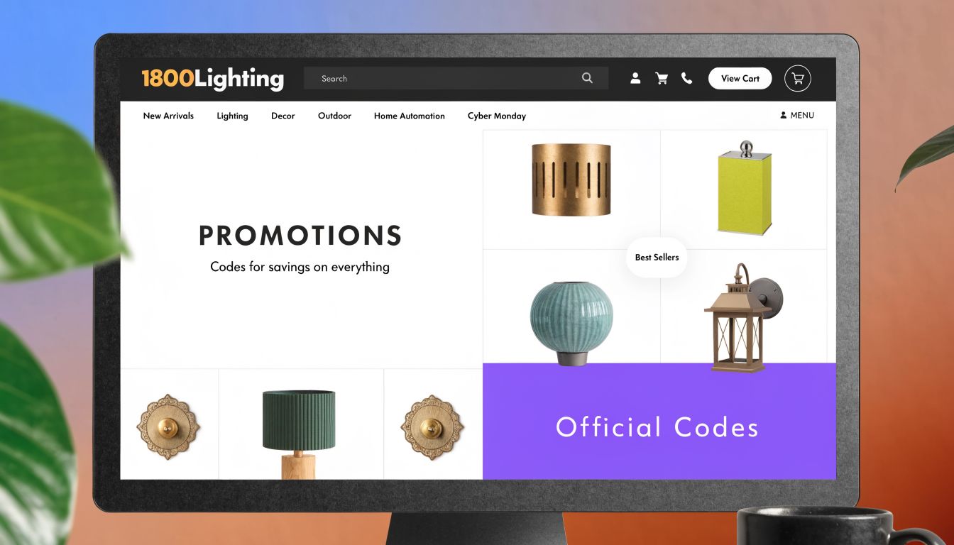A computer screen showing the 1800Lighting website homepage featuring promotions, lighting fixtures, and store navigation.
