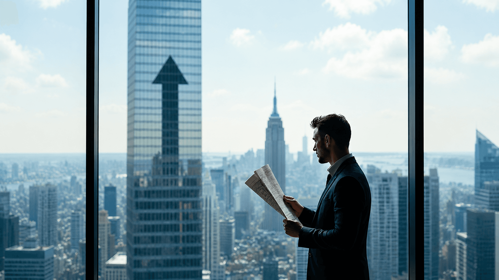 Businessman reading a newspaper by a window, overlooking a cityscape filled with tall buildings and a clear sky.