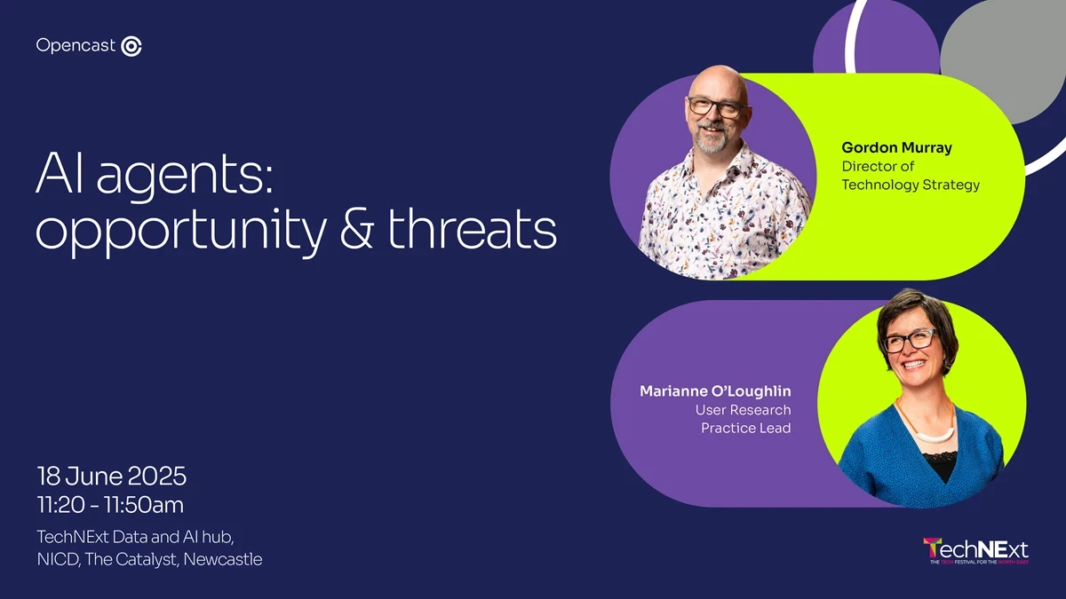 Event graphic with text “AI agents: opportunity & threats,” date 18 June 2025, time 11:20–11:50am, and speaker names Gordon Murray and Marianne O’Loughlin with their titles.