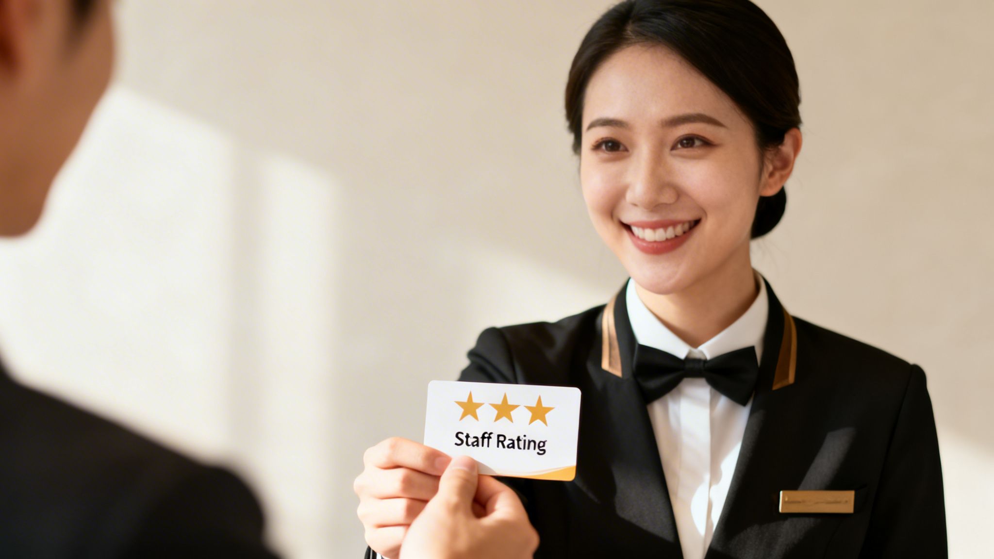 A smiling Asian service staff member in a uniform presents a 
