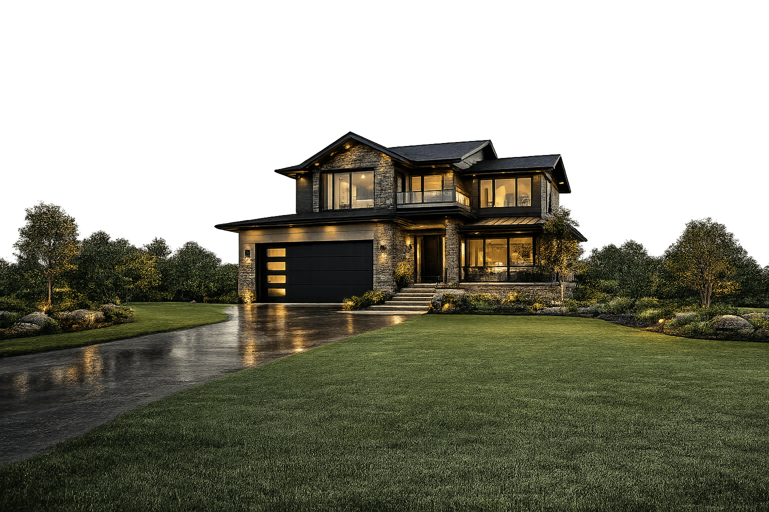 Modern, glass-walled house at night, reflecting on a wet driveway.