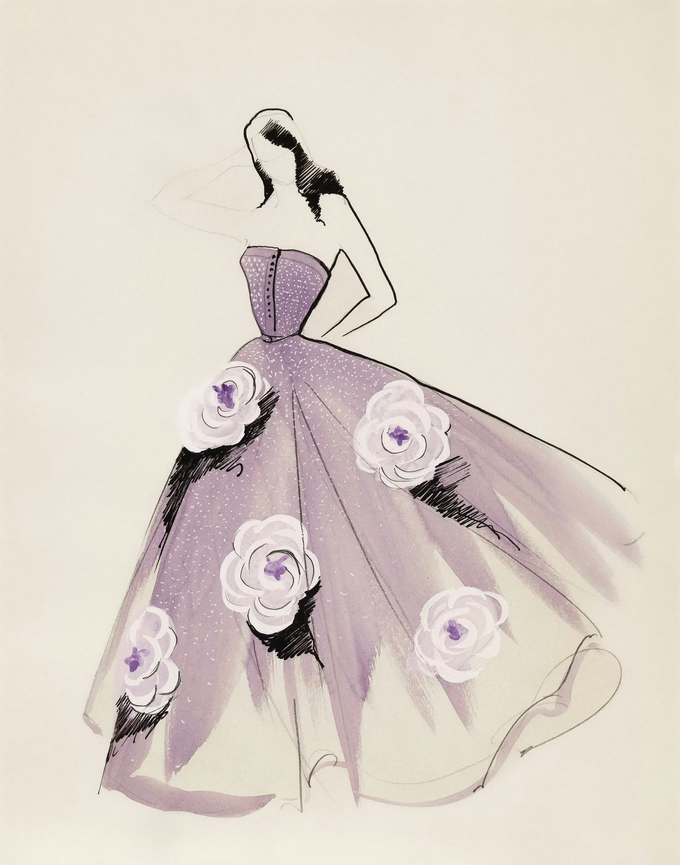 A stylized illustration of a model in an elegant, flowing lavender gown adorned with white flowers.