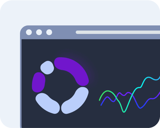 Dashboard displaying data visualizations: a pie chart, line graph, and bar chart on a dark background.