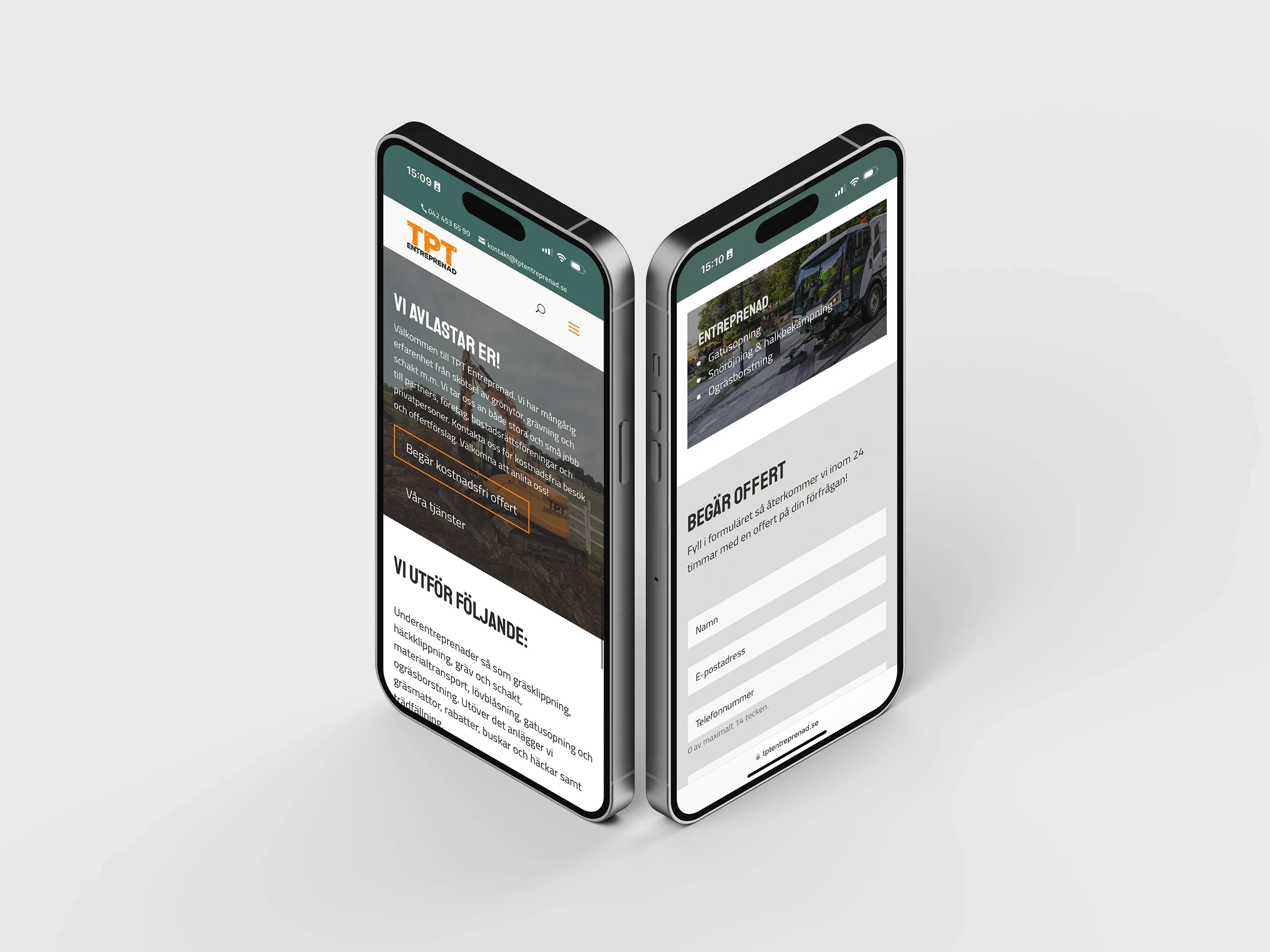 Två telefoner med TPT Entreprenads hemsida