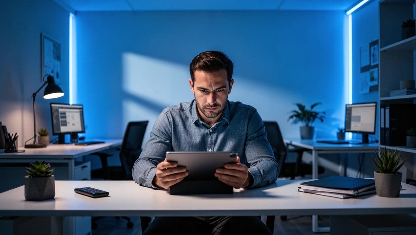 A focused business owner monitors a digital dashboard on a tablet within a sleek office. Glowing blue accent lights highlight his face and the minimalist desk surface, emphasizing technical efficiency.