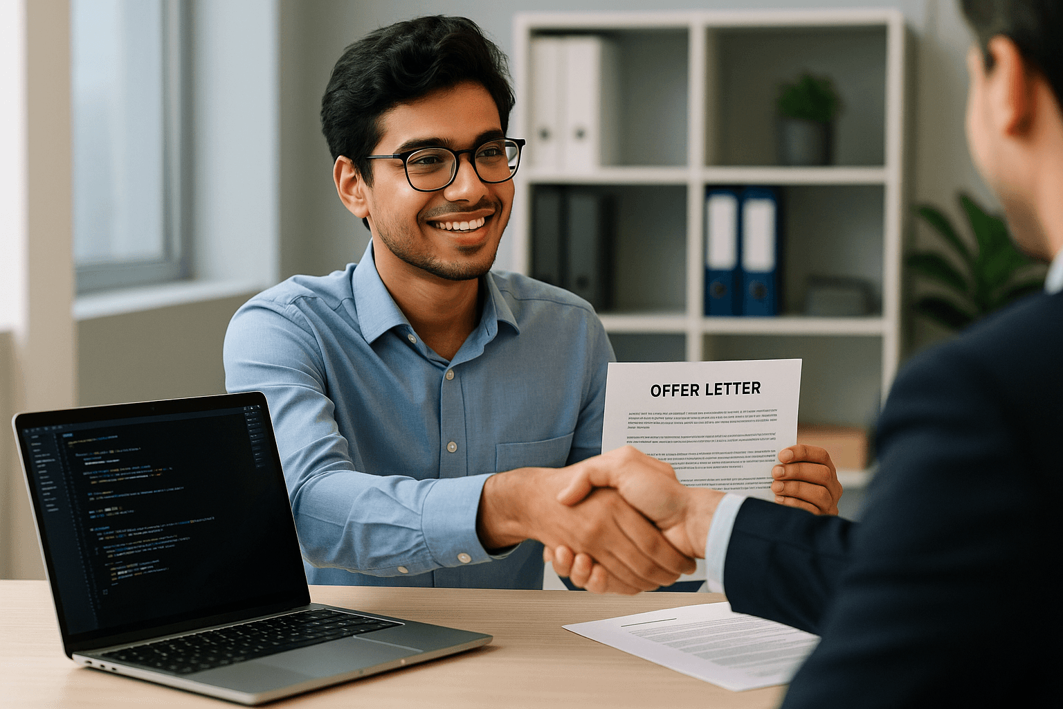 Smiling young fresher receiving an IT job offer, shaking hands with recruiter in modern office with laptop showing code — symbolizing successful job placement in tech industry