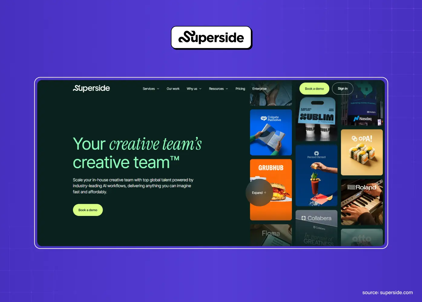 Superside website promoting creative team services, with the headline “Your creative team’s creative team” and a collage of client and project imagery.