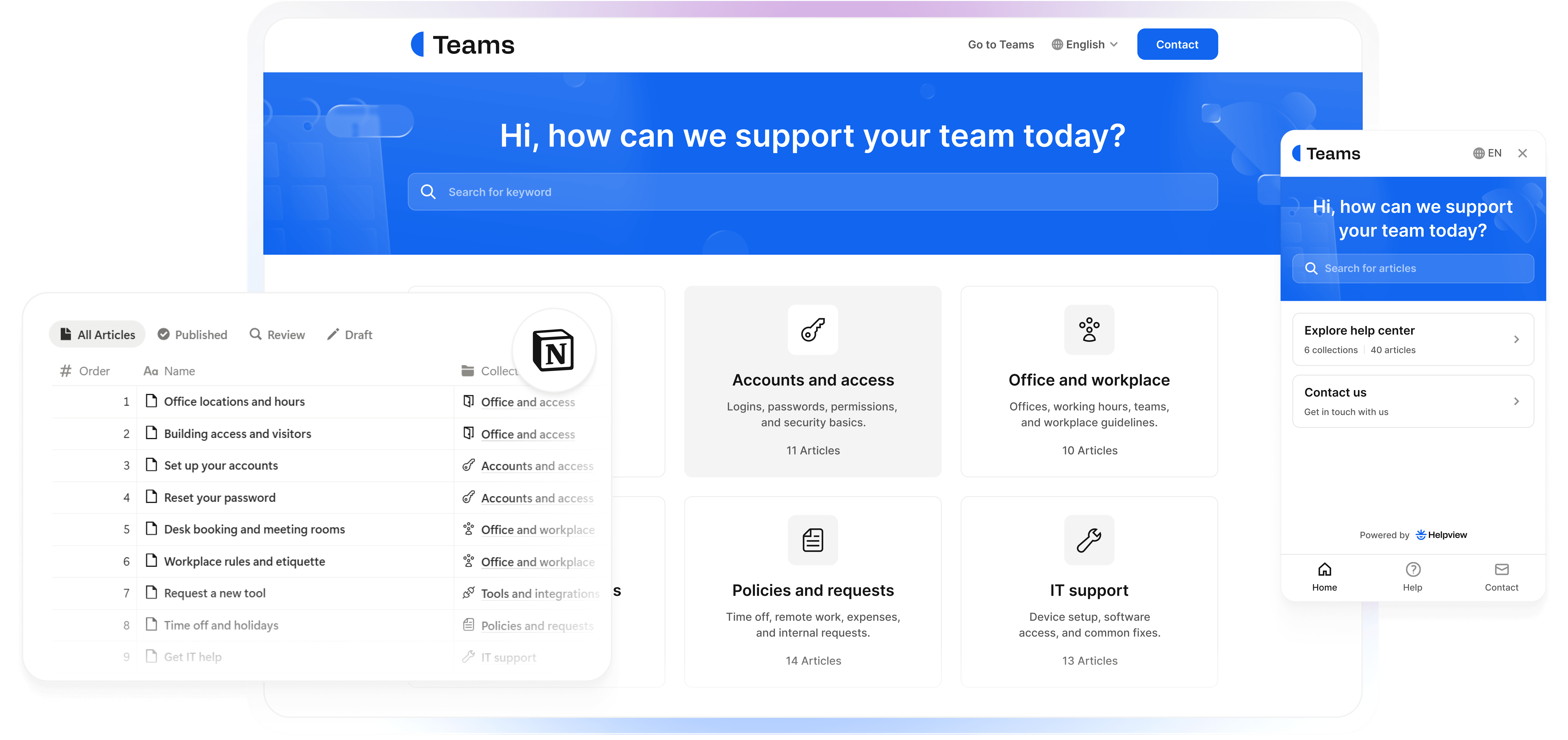 Internal team help center built from a Notion workspace with documentation categories and support articles.