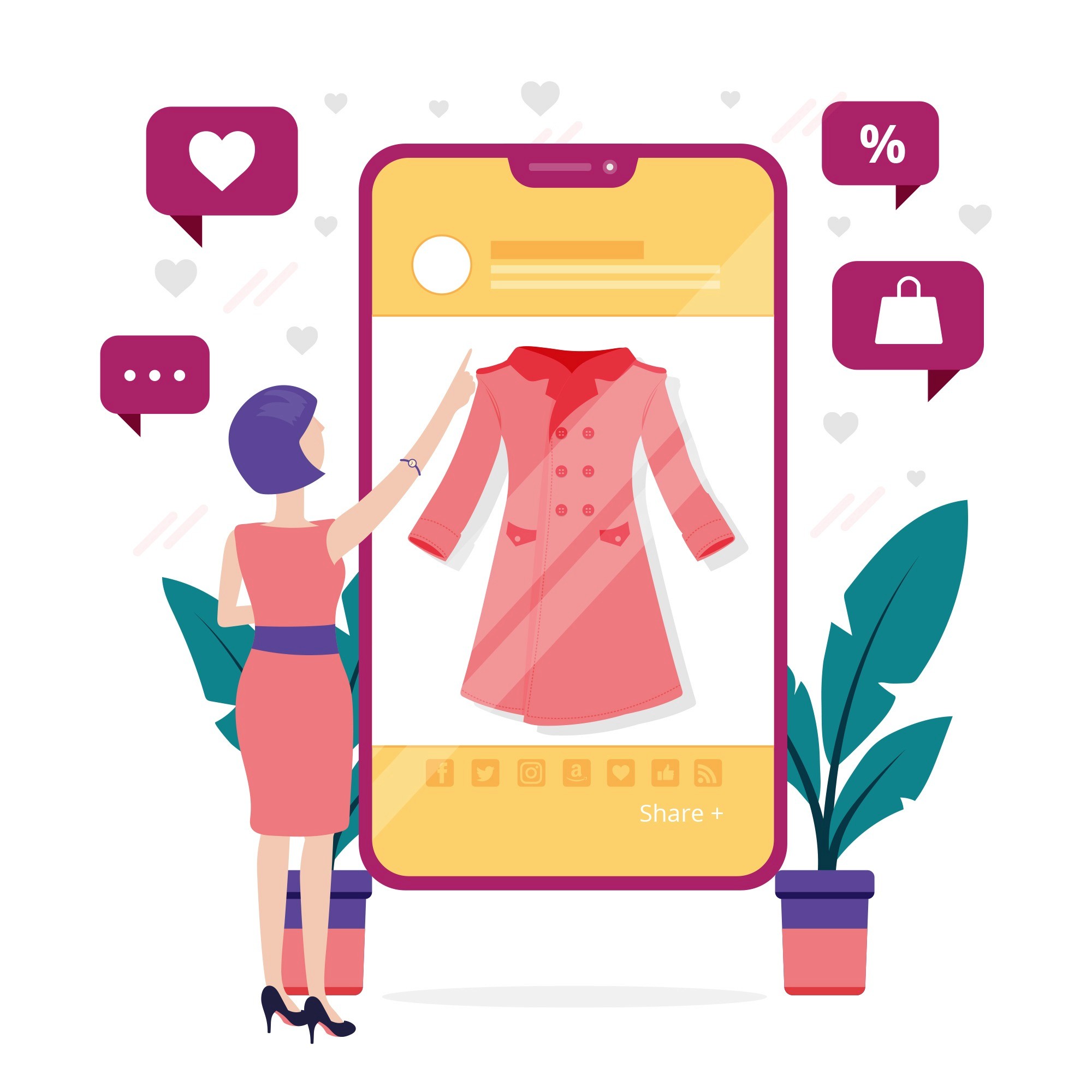 Flat illustration of a woman pointing to a fashion product on a large smartphone screen with social sharing and engagement icons