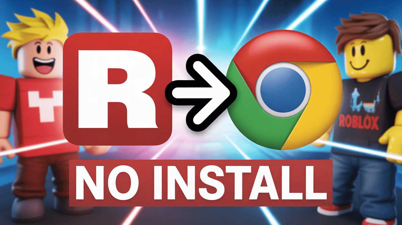 Roblox logo pointing to Chrome icon with No Install text and bright character background