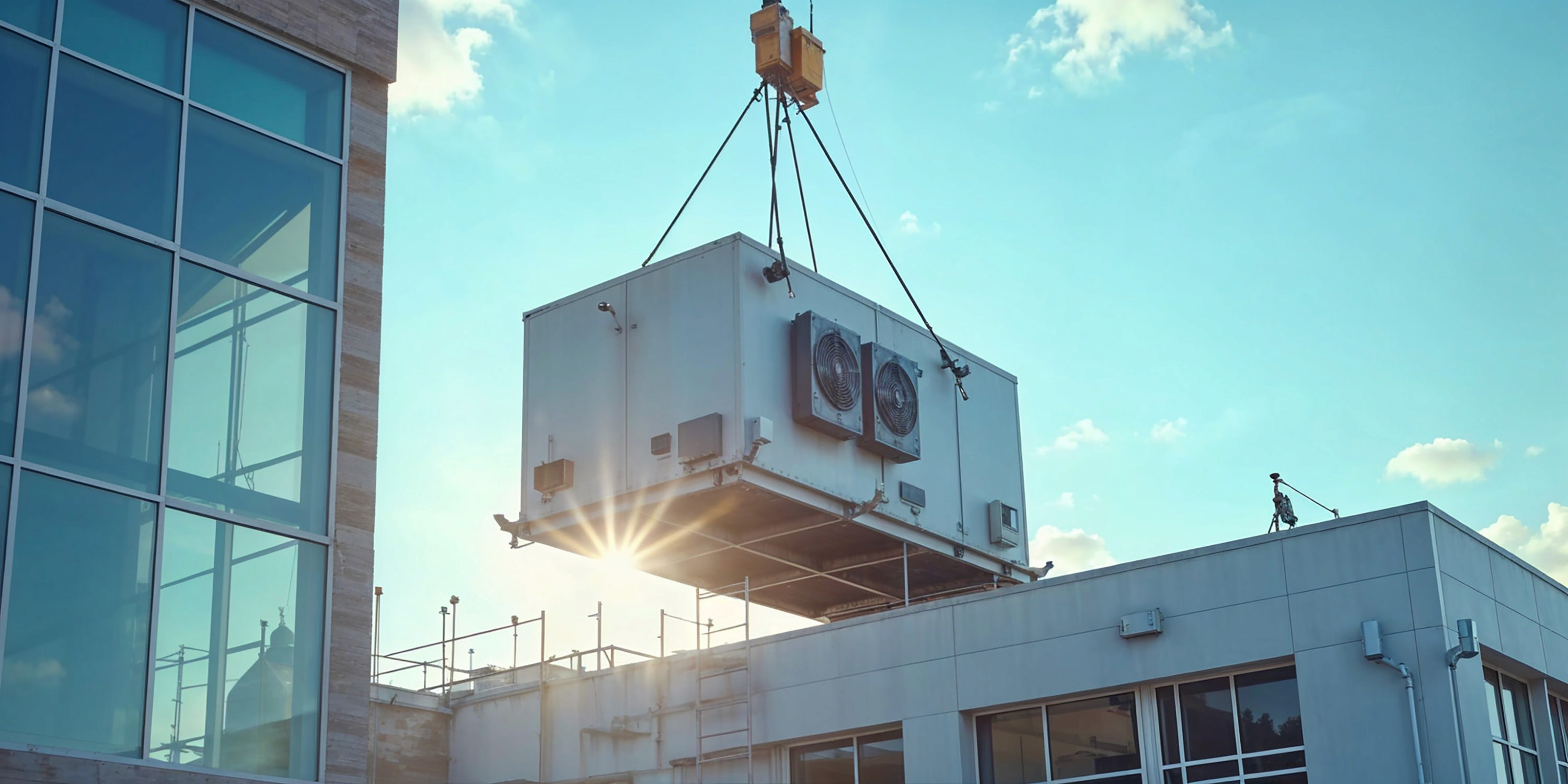 Crane installing rooftop unit