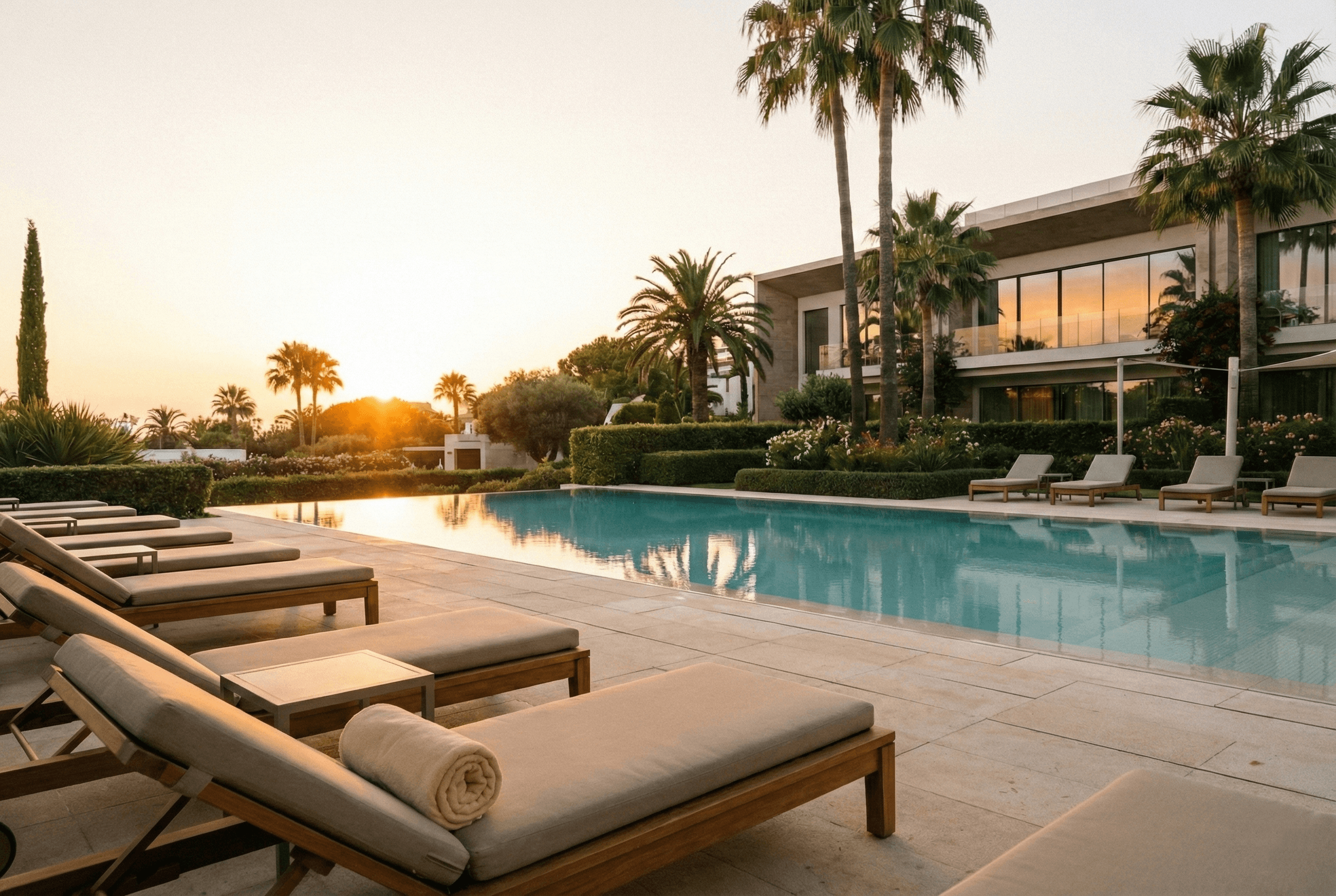 hamacas de madera con vista a una piscina de lujo, con atardecer de fondo y vegetacion tropical