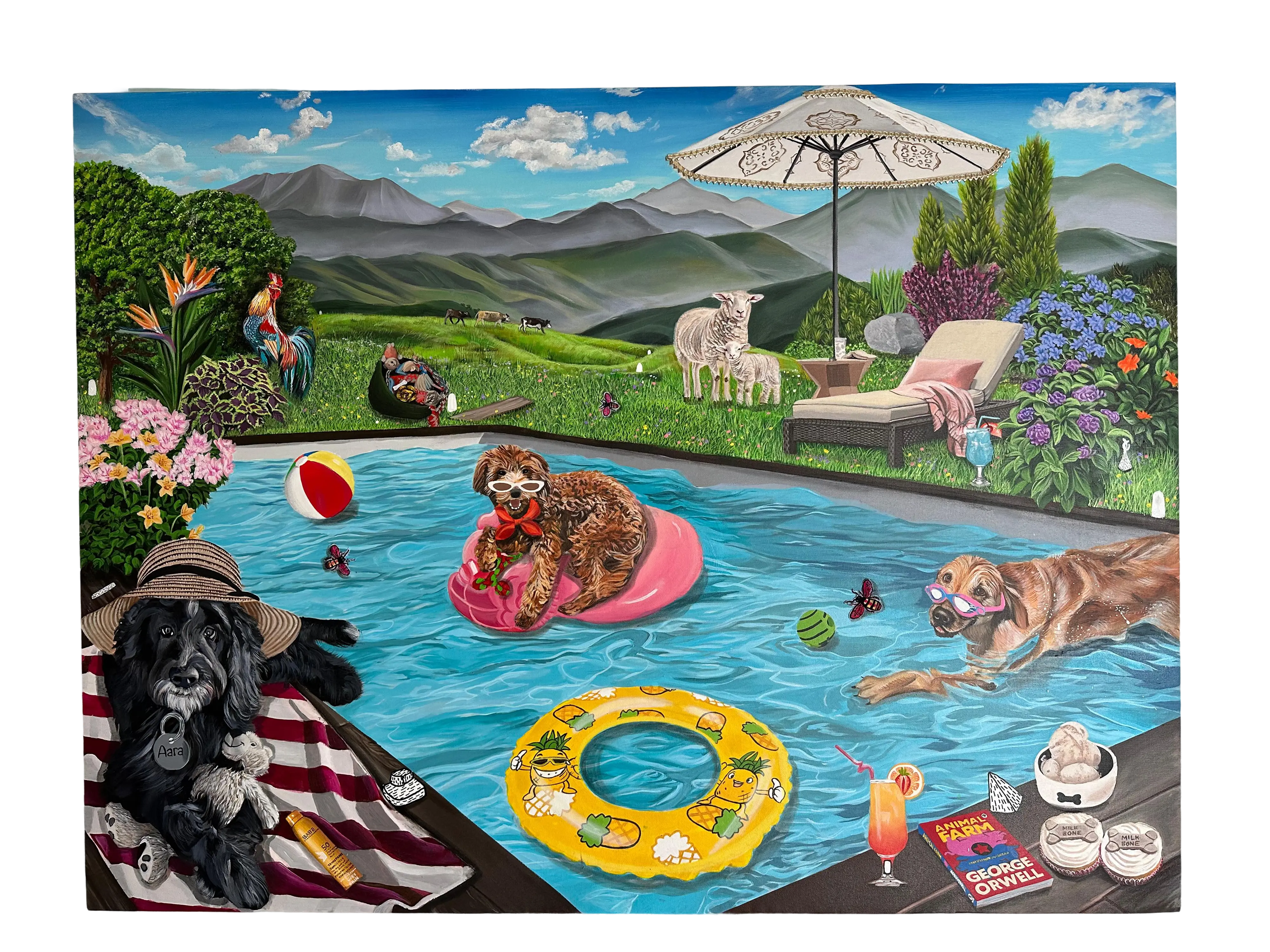 A whimsical painting of dogs enjoying a poolside scene: one floats on a flamingo tube with sunglasses, another swims wearing goggles, and one lounges with a hat. Surroundings include flowers, sheep, mountains, and books, creating a playful, surreal countryside escape.