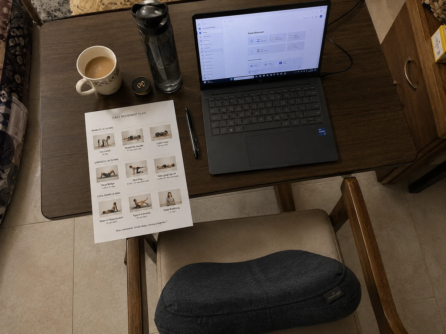 Cozy at-home workspace with exercise plan