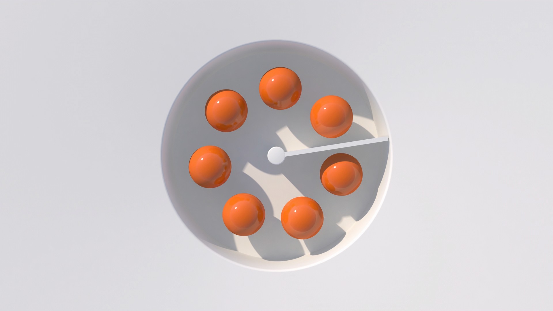 Abstract illustration, 3d render. Orange glossy balls falling and rolling. White room, hard light. 