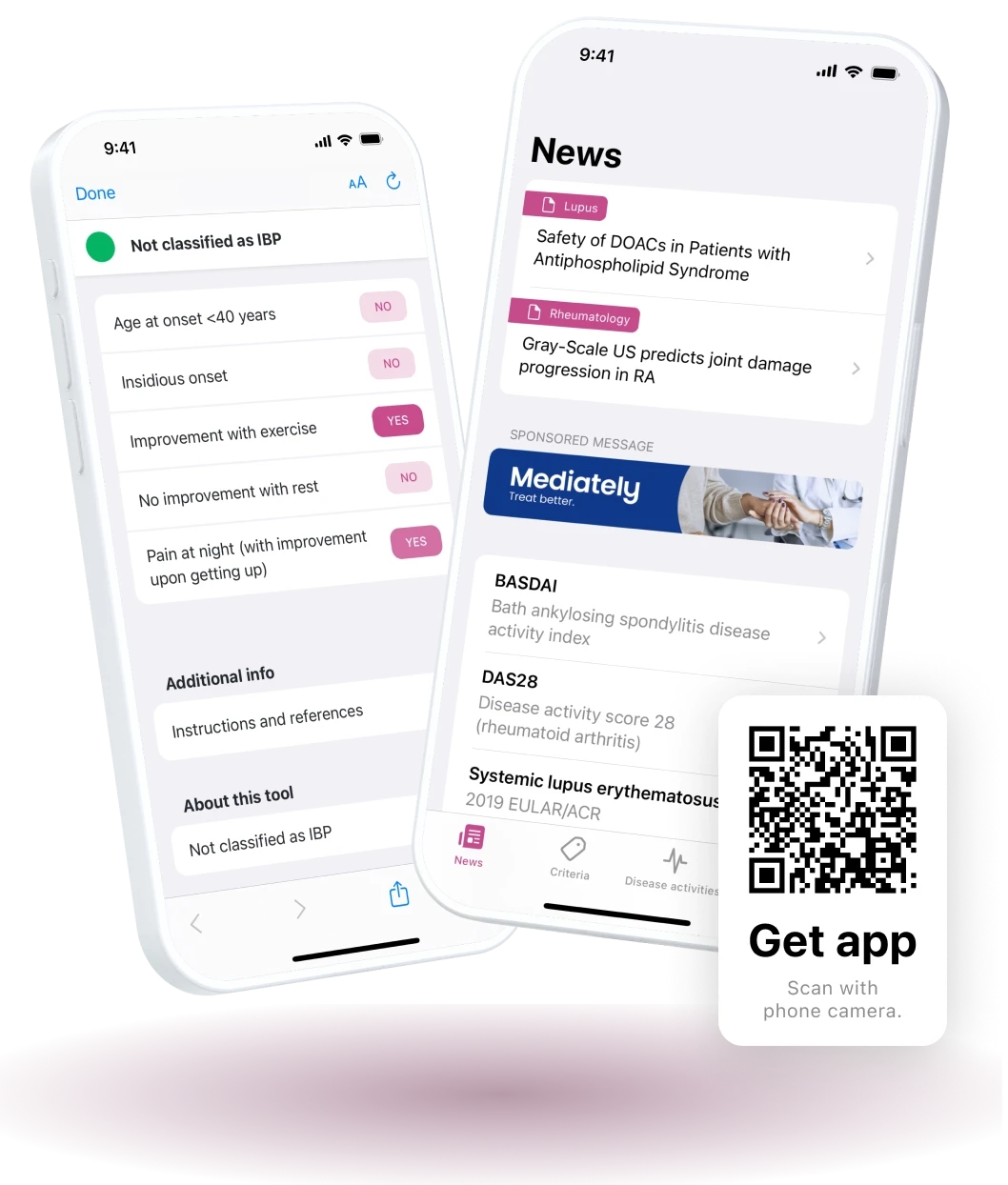 Two phones next to eachother showing RheumaHelper app with a QR code in front of them