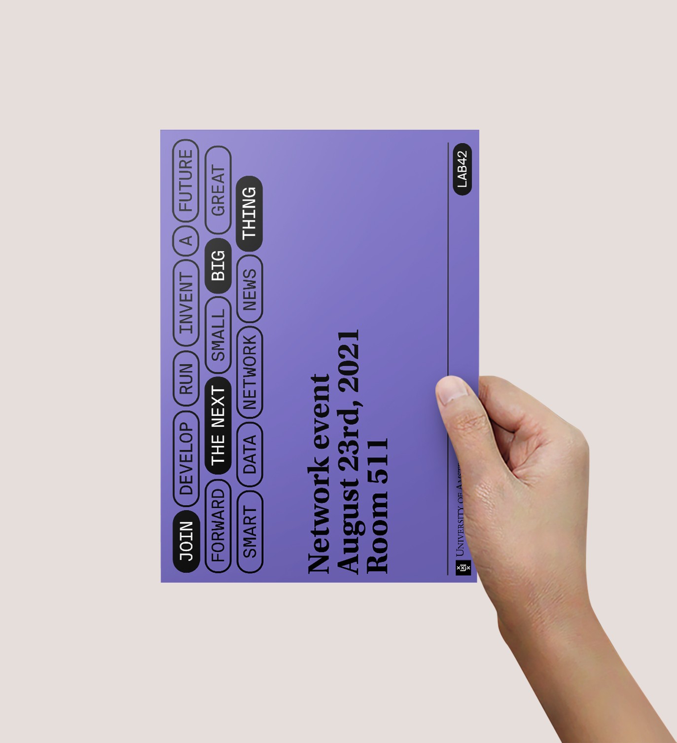 Flyer design for LAB42 University of Amsterdam networking event featuring new branding.