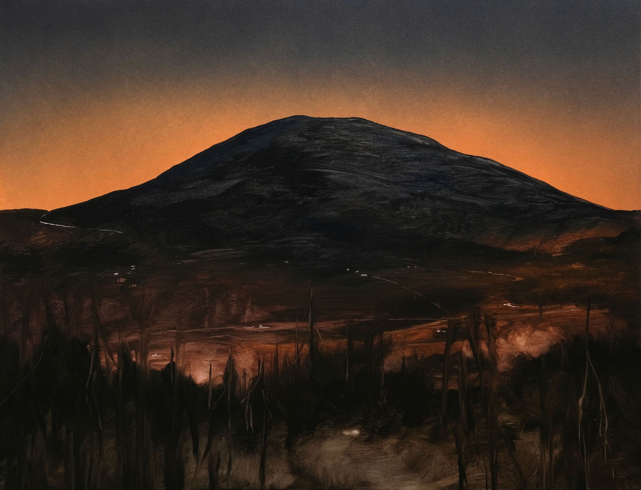 2025 paint of the mountaint, dark with the sun set orange on background 