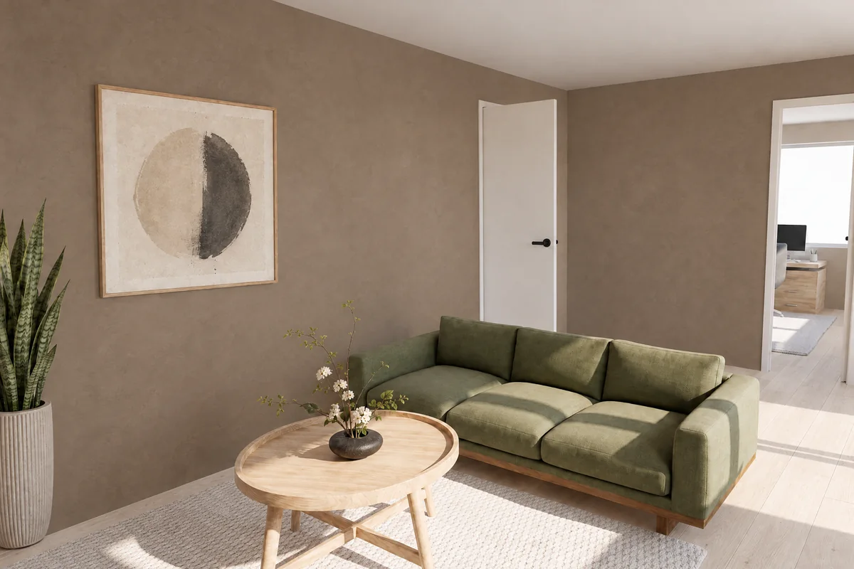 Living room rendered in a earth tones style with the same custom sofa