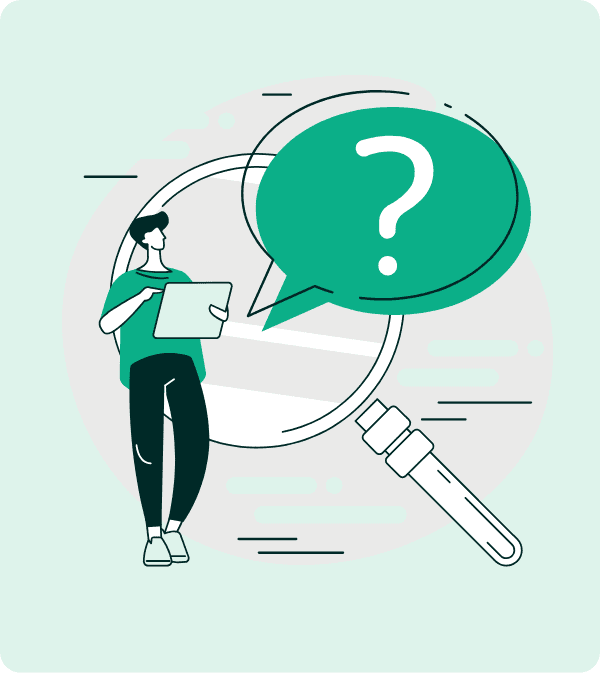 Person holding tablet under question mark speech bubble