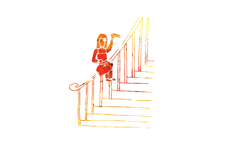 An orange drawing of a woman sliding a stair rail with a tray in her hand.