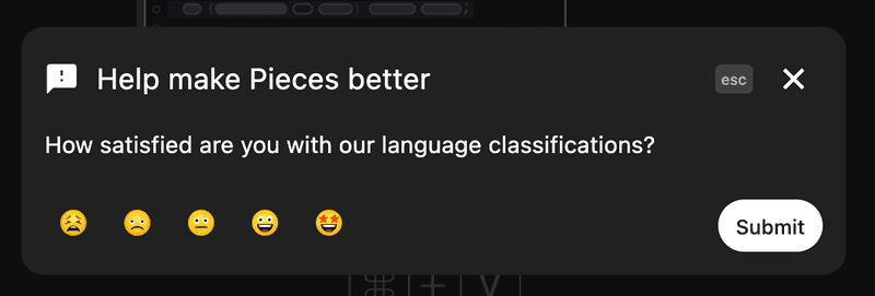 A feedback widget in Pieces for Developers.