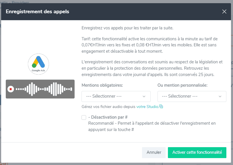Configuration de l'enregistrement