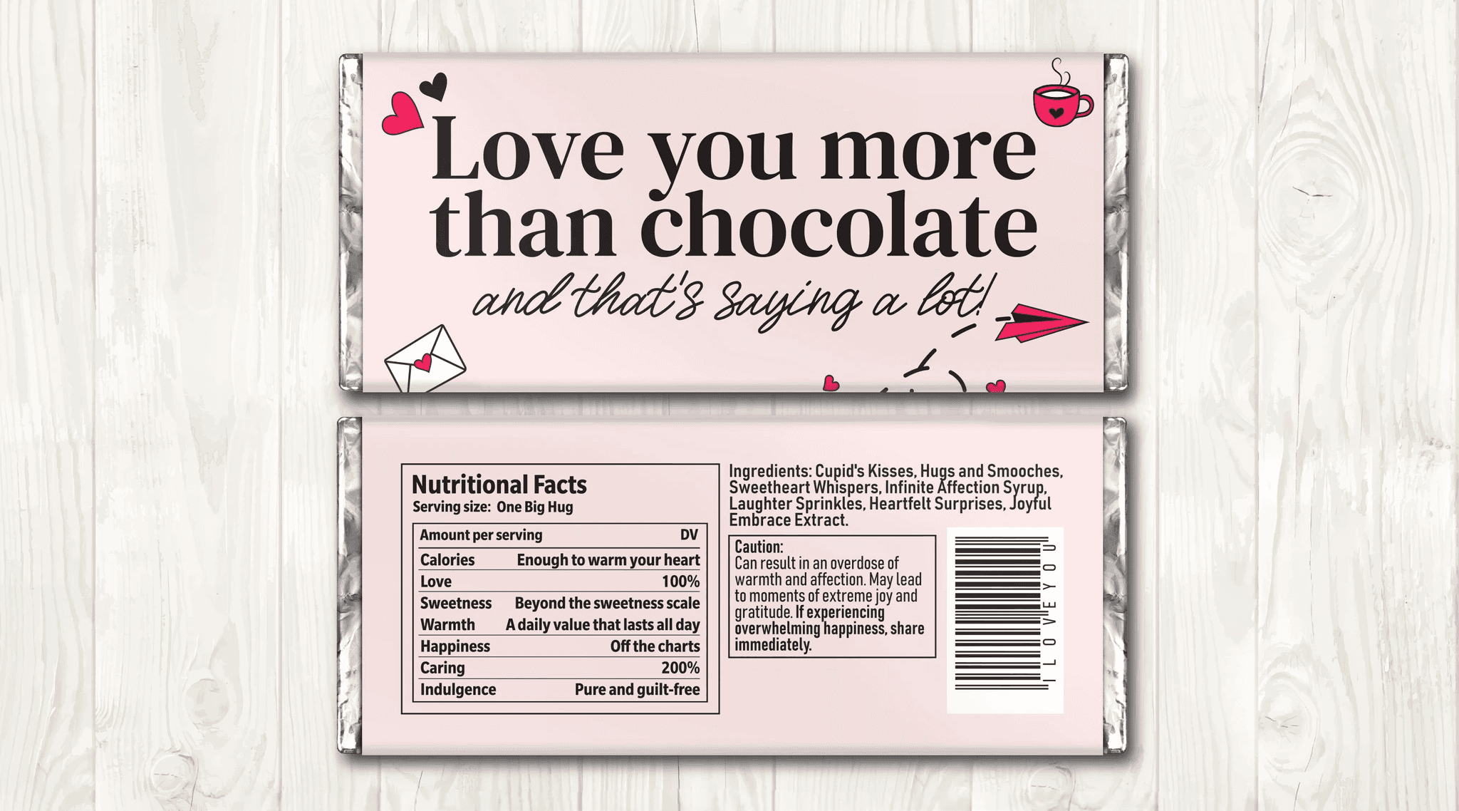 Show someone special just how much they mean with our "Love You More Than Chocolate" Hershey bar wrapper! This fun and heartfelt wrapper is perfect for Valentine's Day, anniversaries, or any occasion where you want to spread love. Easy to print and fits a standard 1.55 oz Hershey bar, this cute design features playful elements and a personal touch that’s sure to make anyone smile. Ideal for romantic gifts, party favors, or a sweet surprise, this downloadable wrapper is ready to print at home for instant gifting.