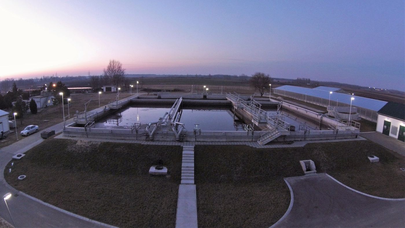CYCLATOR basins at dusk at the Kiskunhalas wastewater treatment plant, Hungary