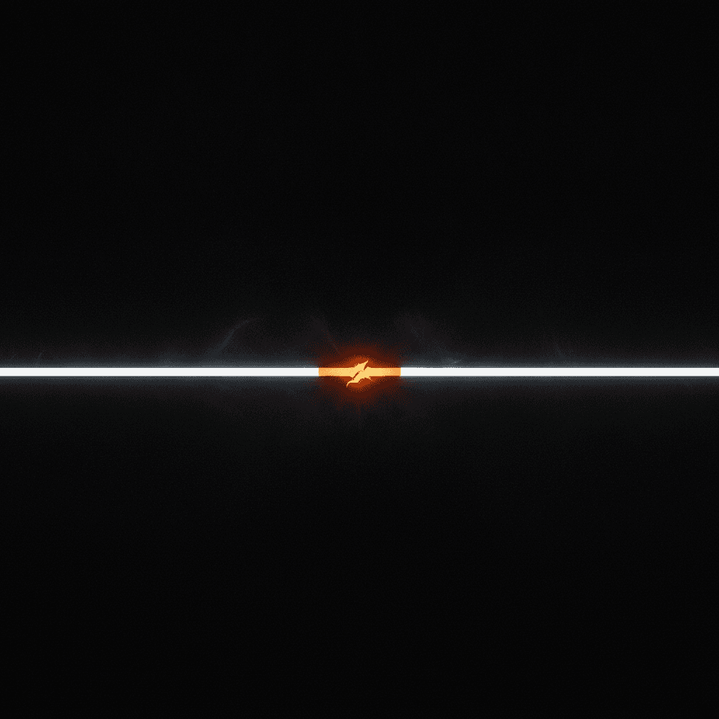 Single thin line of cool light broken at the center where it glows orange against black void