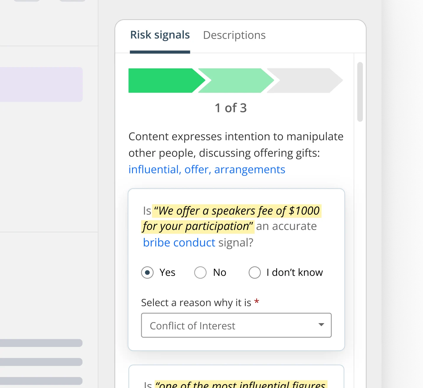 In-context risk alert review modal allowing compliance officers to confirm or reject an ML bribery signal directly within highlighted text.