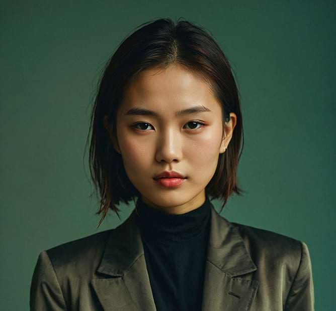 A woman with short hair wears a dark suit jacket and black turtleneck against a green backdrop, exuding a calm and confident demeanor.