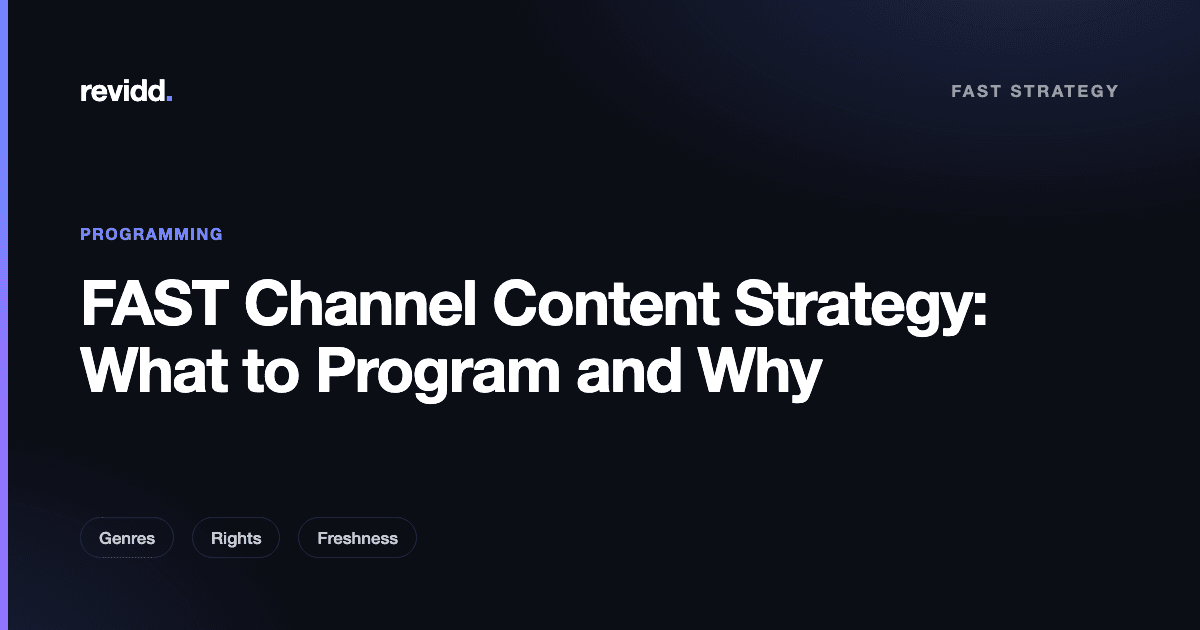 Revidd drag-and-drop Program Manager scheduling a themed FAST channel block on an hourly timeline