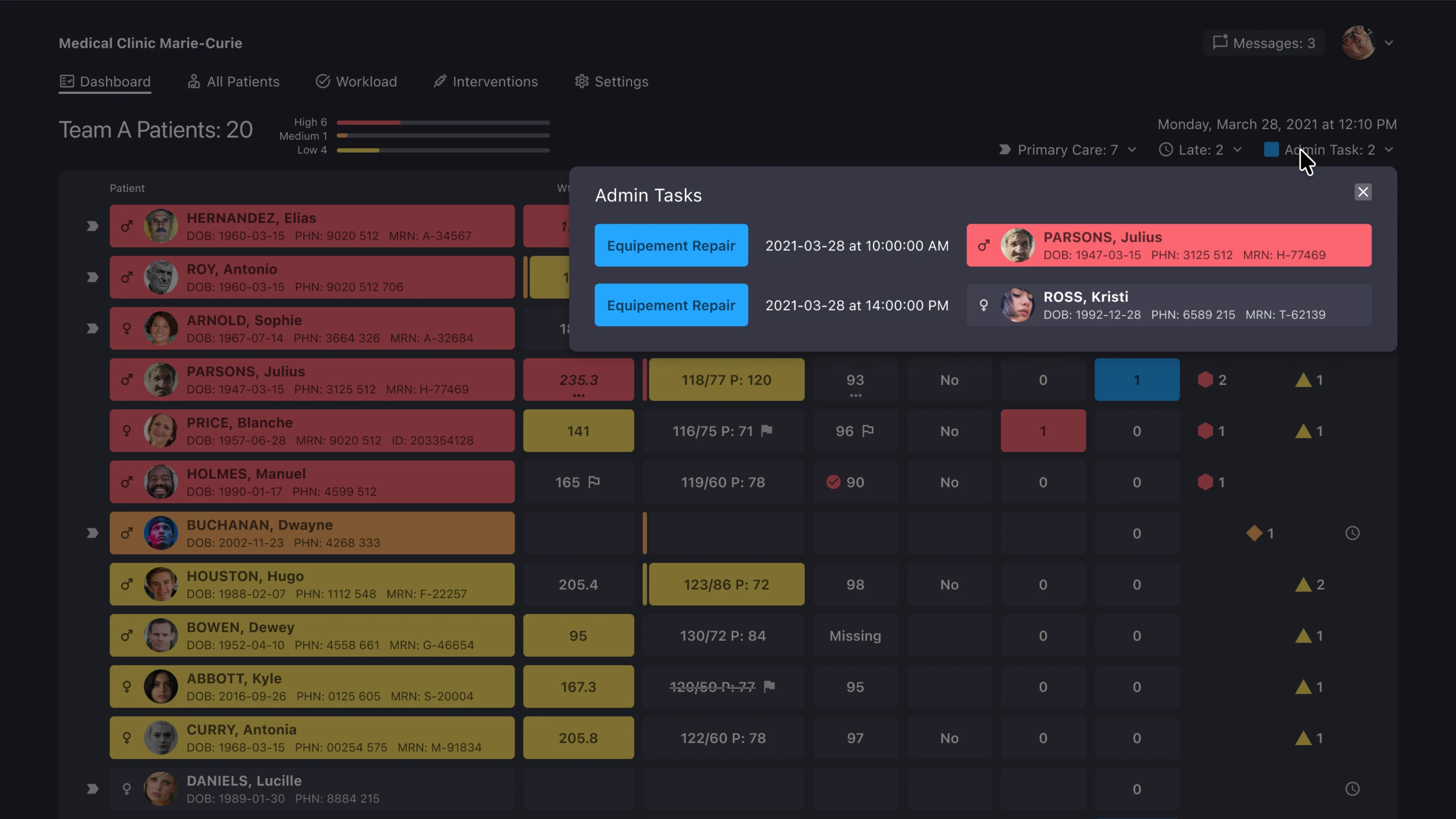 Admin task popup displaying scheduled maintenance activities linked to patient records.