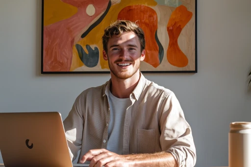 Smiling man working on a laptop at a desk, seated in front of a colorful abstract painting