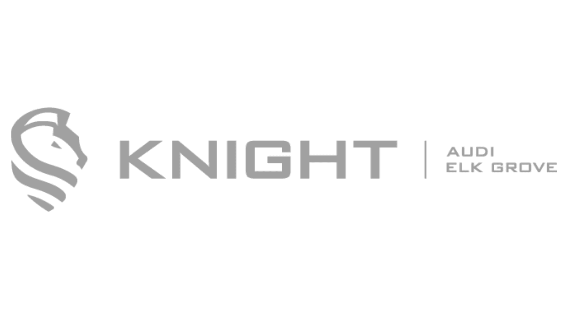 The image displays a logo for "Knight Audi Elk Grove," featuring a stylized lion's head on the left and bold, modern typography on a blue background.