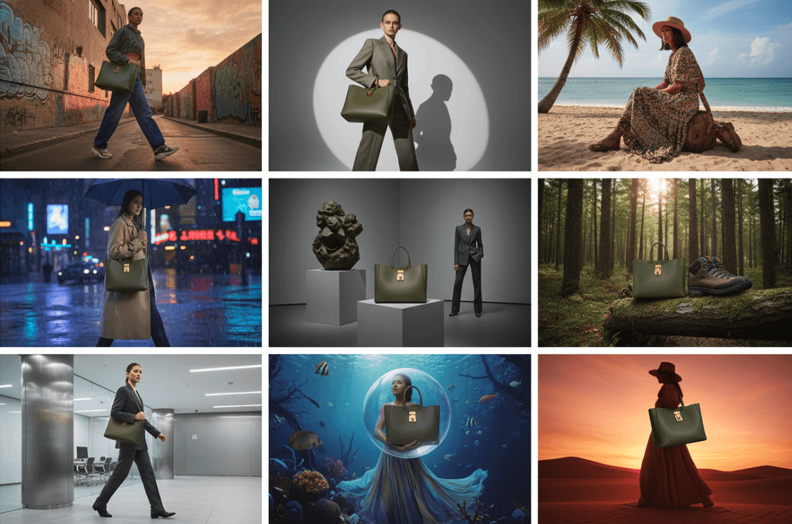 AI-generated ad creative showing backdrop and styling variations for performance testing