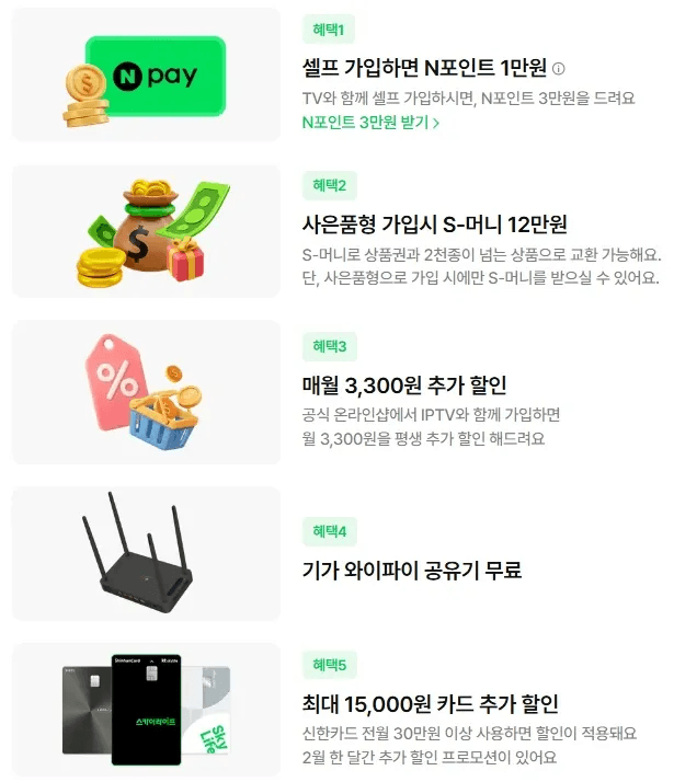 스카이라이프 인터넷 1G 상품 가입 시 제공되는 5가지 주요 혜택 안내 이미지입니다. 셀프 가입 시 N포인트 1만 원 증정, 사은품형 가입 시 S-머니 12만 원 지급, IPTV와 결합 시 매월 3,300원 평생 추가 할인, 기가 와이파이 공유기 무료 제공, 제휴 신한카드 사용 시 최대 15,000원 추가 할인 혜택 내용을 포함합니다.