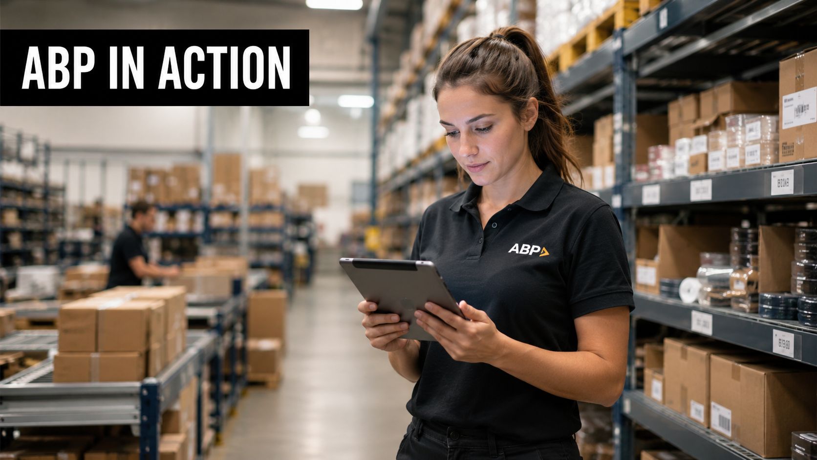 A woman in a black polo shirt holding a tablet in a warehouse, representing activity based pricing.