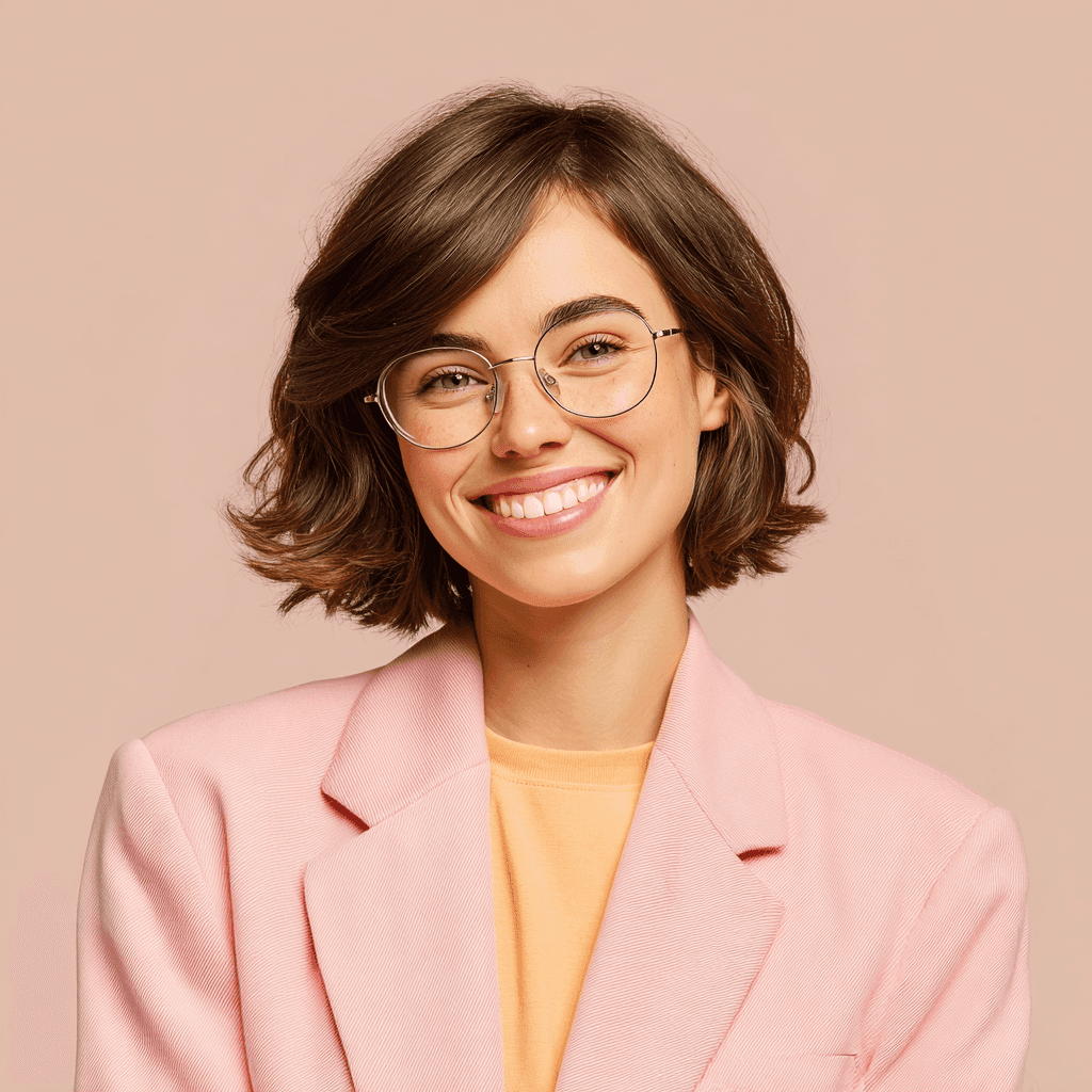 Smiling woman wearing glasses and a pink blazer on a warm pastel background.