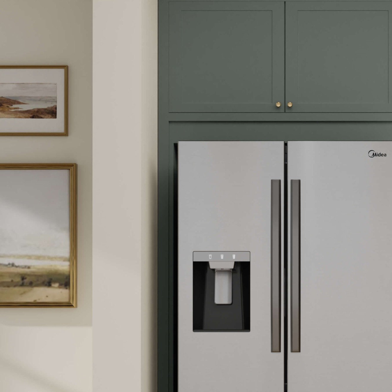 View of refrigerator from kitchen