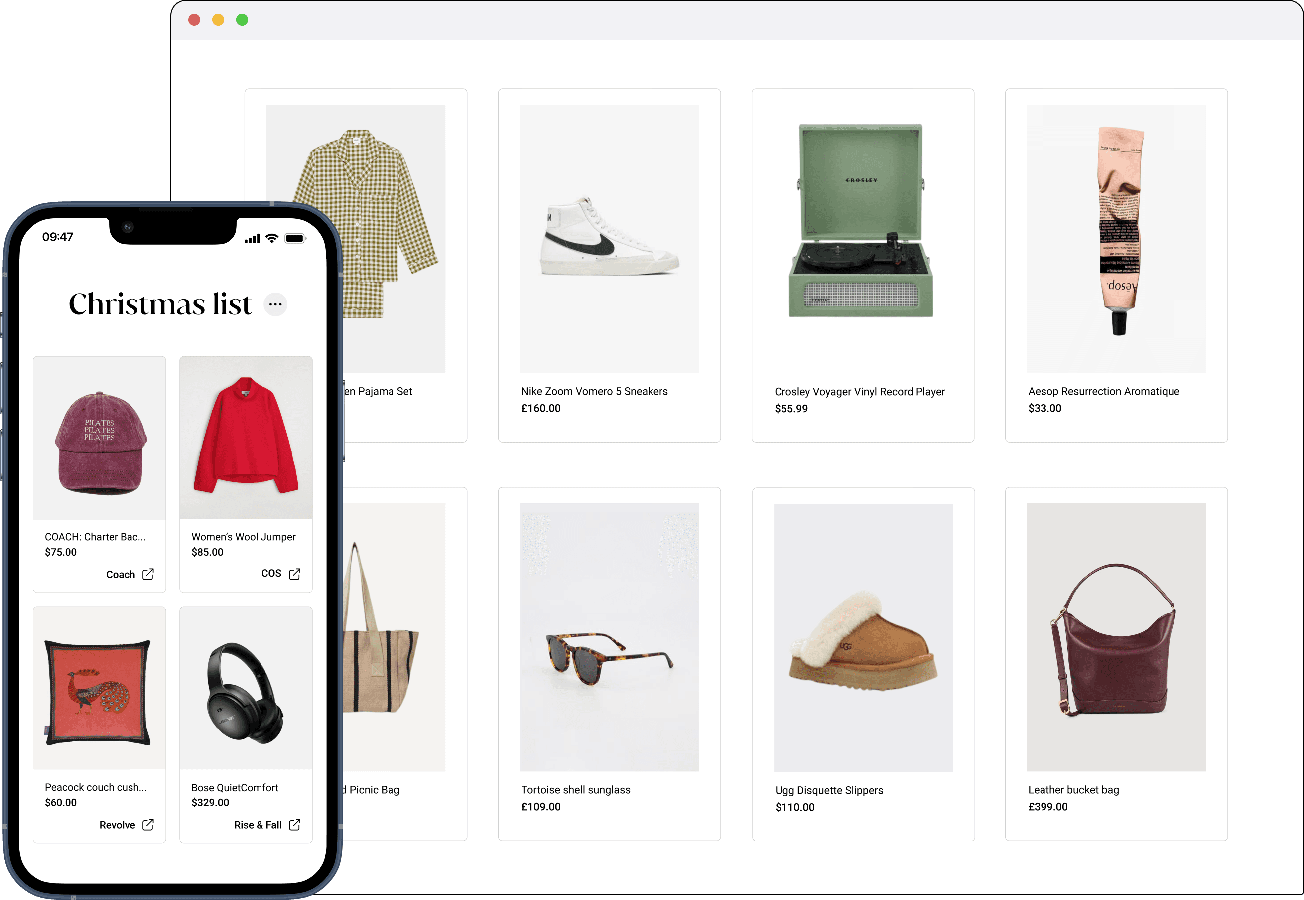 Online Christmas list on mobile and desktop browser
